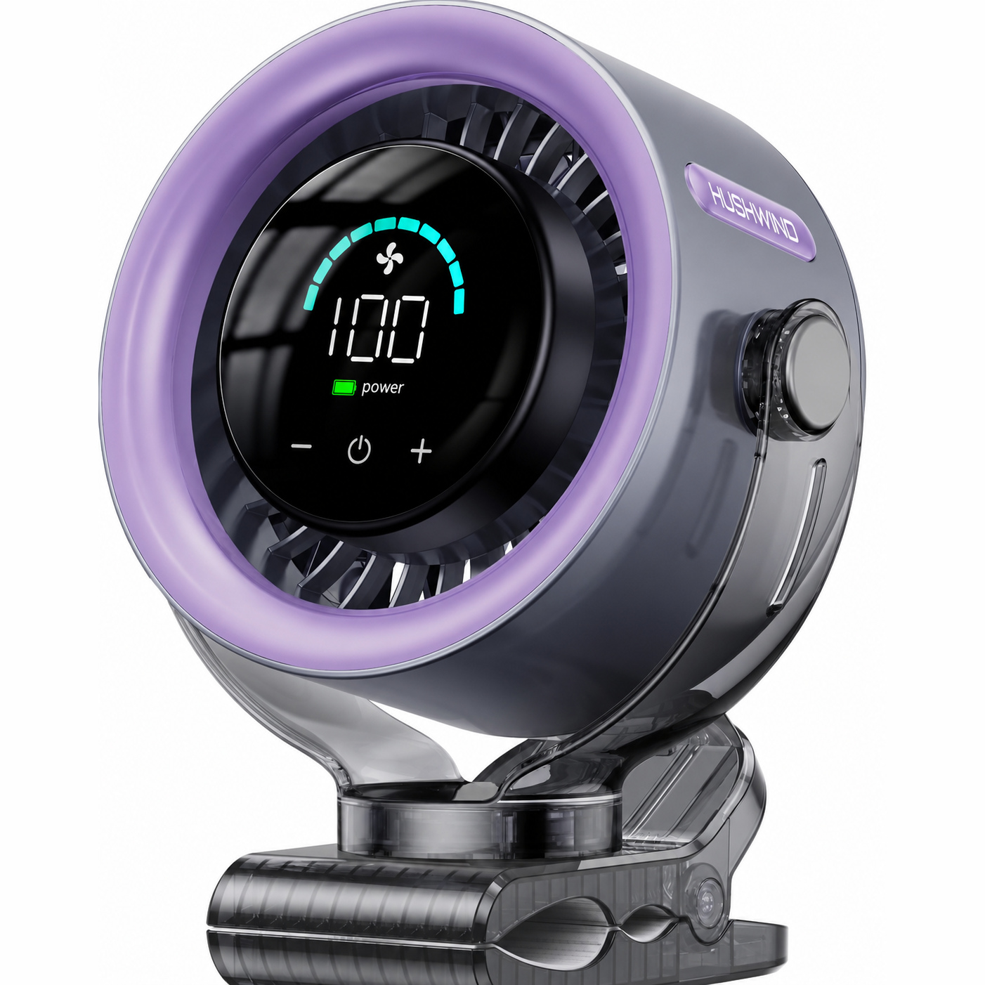 Hushwind clip-on turbine fan in grey with a lavender ring